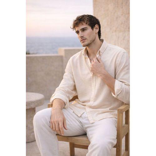 Scott – Soft Dokulu Yarım Oversize Modern Keten Görünümlü Erkek Gömlek - Bej