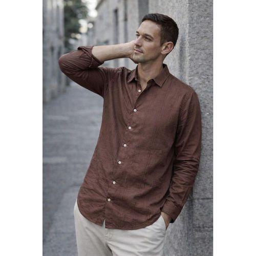 Proust Çizgili İnce Modal Kumaş Uzun Kollu Yazlık Erkek Gömlek - Kahve