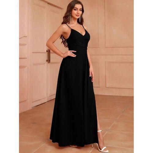 Kadın Ip Askılı Kruvaze Yakalı Derin Dekolteli Yırtmaçlı Ithal Krep Elbise