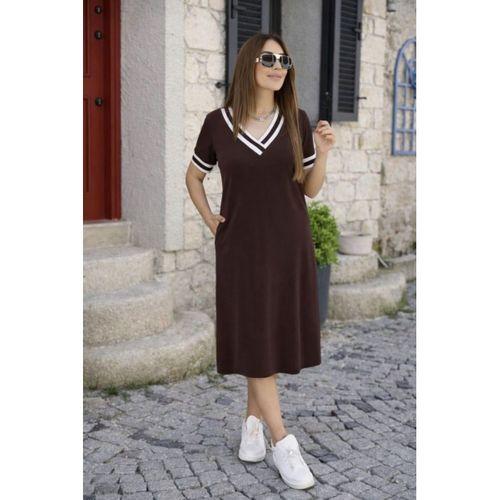 Kadın Kısa Kollu V Yaka Ve Yaka Ribana Detay Midiboy Viskon Elbise