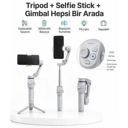 3 Eksen Telefon Gimbal Stabilizer Yapay Zeka Takipli Katlanabilir Dahili Dolgu Işıklı Video Sabitleyici