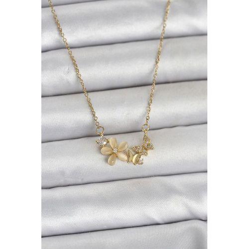 316L Çelik Zincir Gold Renk Çiçek ve Kelebek Model Kadın Kolye