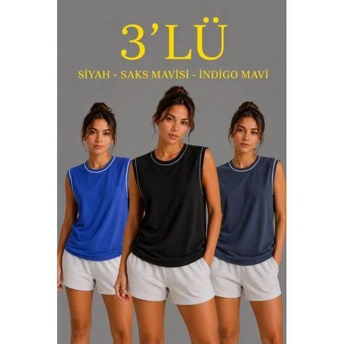 3’lü Kolsuz Sporcu Atlet Seti Yazlık Bisiklet Yaka - Siyah, Saks Mavisi, İndigo