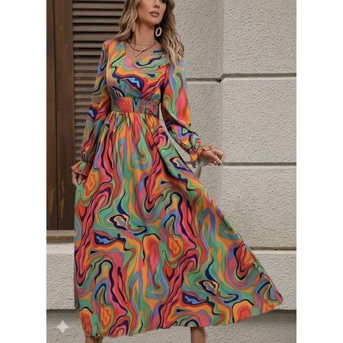 Kadın Uzun Kollu V Yakalı Desenli Maxi Süprem Elbise