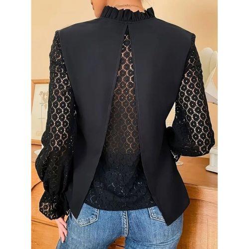 Kadın Uzun Kollu V Fırfır Yakalı Arkası çapraz Detaylı Ithal Krep Bluz