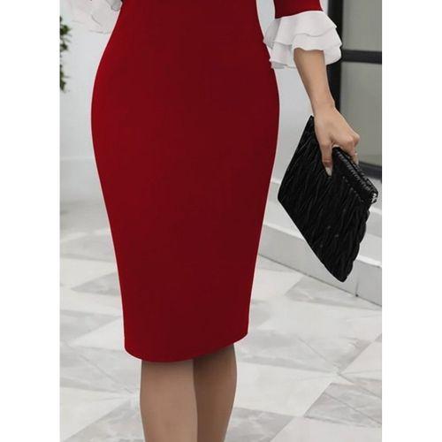 Kadın Truvakar Kollu Fiyonk Yakalı Midi Ithal Krep Elbise