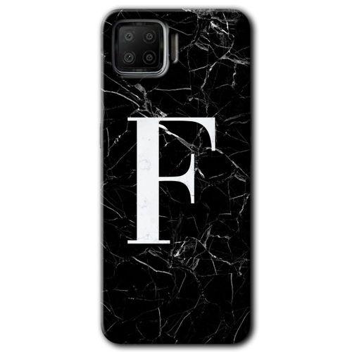 Oppo A73 Kılıf HD Desen Baskılı Arka Kapak + Temperli Cam - Siyah Mermer Desenli F Harfi
