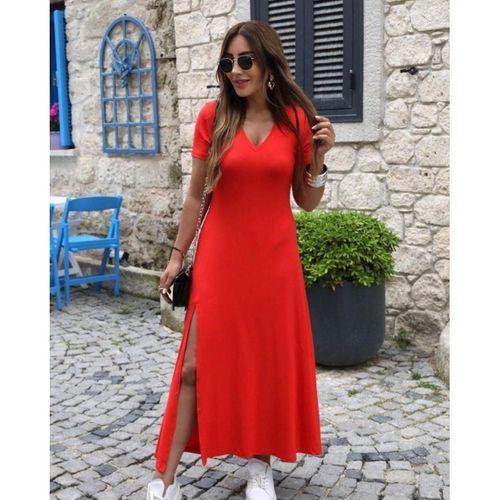 Kadın Kısa Kollu V Yakalı Maksi Boy Viskon Elbise
