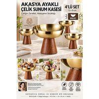 4 lü - MAXI -Akasya Ayaklı Çelik Dondurmalık  Çerezlik Pasta Meyve Sunum Kasesi İkramlık Seti 18/10 304 Çelik 723774