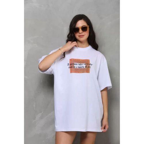 Pilelistore Unisex Bisiklet Yaka Baskılı Oversize T-Shirt - Beyaz