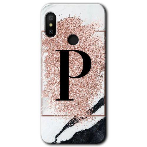 Xiaomi Redmi Note 6 Pro Kılıf Baskılı Kapak - Pembe Mermer Desenli P Harfi + 5D Tam Kaplayan Cam