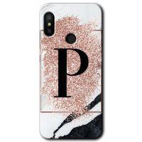 Xiaomi Redmi Note 6 Pro Kılıf Baskılı Kapak - Pembe Mermer Desenli P Harfi + 5D Tam Kaplayan Cam