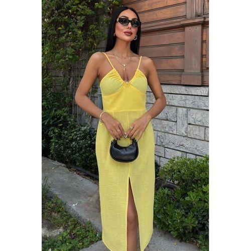 Göğsü Aksesuarlı Önü Yırtmaçlı Elbise 2899
