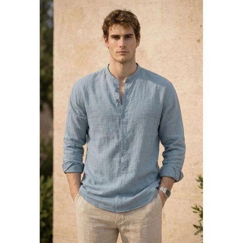 Hafif ve Nefes Alabilir Erkek Müslin Yarım Pat Hakim Yaka Oversize Gömlek- Soğuk Mavi