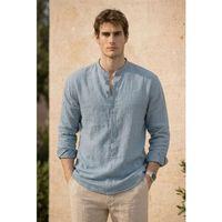 Hafif ve Nefes Alabilir Erkek Müslin Yarım Pat Hakim Yaka Oversize Gömlek- Soğuk Mavi