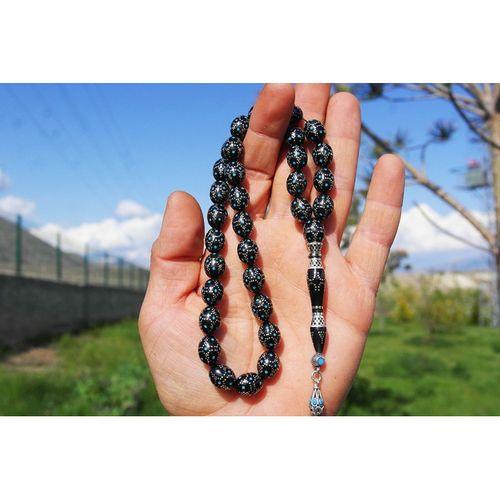 Kule Model Mavi Mine ve Gümüş İşlemeli Oltu Sıkması Tespih