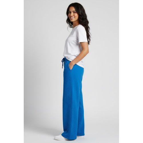 Kadın Bürümcük Kumaş Geniş Paça Pantolon – Rahat Kalıp – Mavi