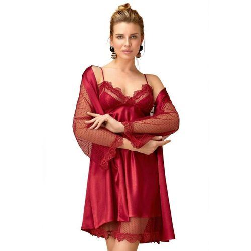 Dantel Detaylı Saten Gecelik Ve Sabahlık Takımı Kimono Set