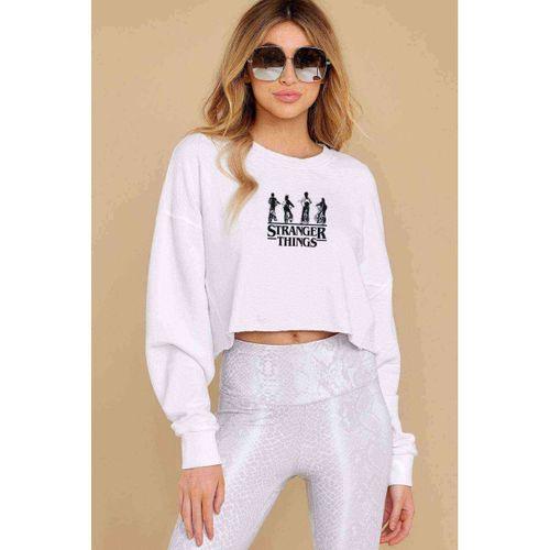 Stanger Things Bisiklet Arka Dönük Baskılı Crop Kadın Beyaz Sweatshirt