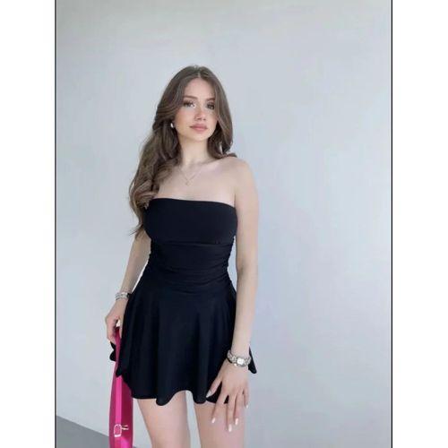 Straplez Mini Etek Görünümlü Şortlu Elbise Büzgülü Şık Yazlık - Siyah