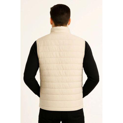 Erkek Şişme Fermuarlı Yelek Su Itici Kapitone Astarlı Kumaş Cepli Hafif Kışlık Spor Rahat Kalıp -Bej