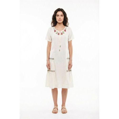 Kısa Kol Aynur Bisiklet Yaka Cepli Yazlık Vual Kısa Elbise Krem Krm