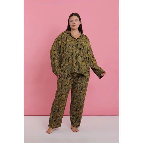 Kadın Büyük Beden Tropikal Yaprak Desenli Düğmeli Pijama Takımı