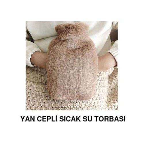 Sıcak Su Torbası Yan Cepli Bej  Peluş Termofor 27X17X2Cm  1 Litre