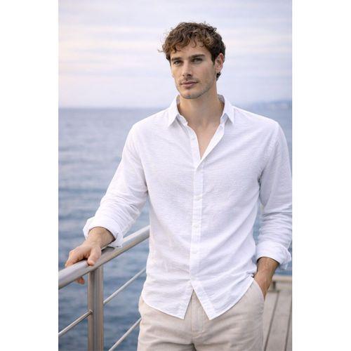 Pera Kumaş Keten Görünümlü Yarım Oversize Uzun kollu Erkek Gömlek - Beyaz