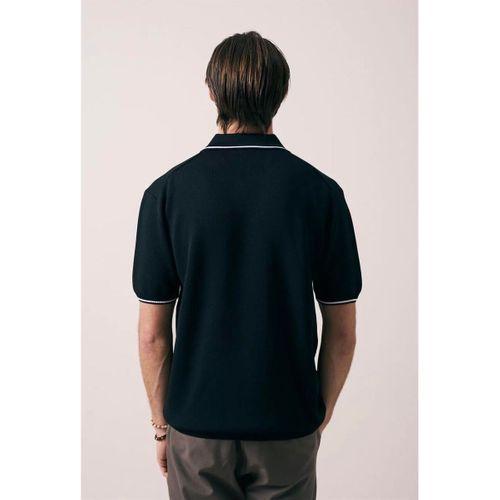 Austen Kontrast Biyeli Düğmeli Polo Yaka Kısa Kollu İnce Triko Erkek T-Shirt - Siyah