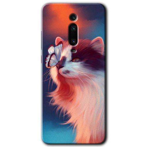 Xiaomi Mi 9T Kılıf HD Desen Baskılı Arka Kapak - Cat Butterfly + Kırılmaz Cam