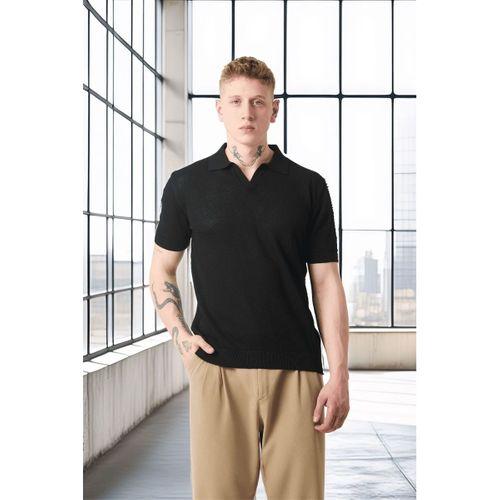 Örme Desenli Viskon Polo Yaka Triko Erkek T-Shirt - Siyah