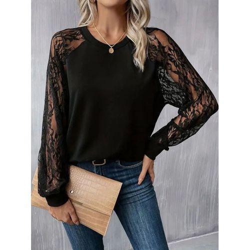 Kadın Uzun Dantel Kollu Bisiklet Yaka Viskon Bluz