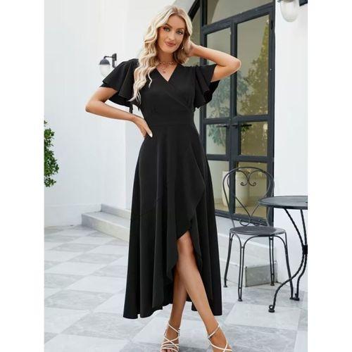 Kadın Kısa Kollu Kruvaze Yakalı ön Asimetrik Volanlı Uzun Ithal Krep Elbise