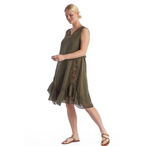 Kolsuz Haki V Yaka Yazlık Nakışlı Otantik Vual Kısa Elbise