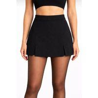 Siyah Krep Kumaş Şortlu Etek Mini Boy Yırtmaç Detaylı Yüksek Bel Günlük Şık Tasarım - Siyah