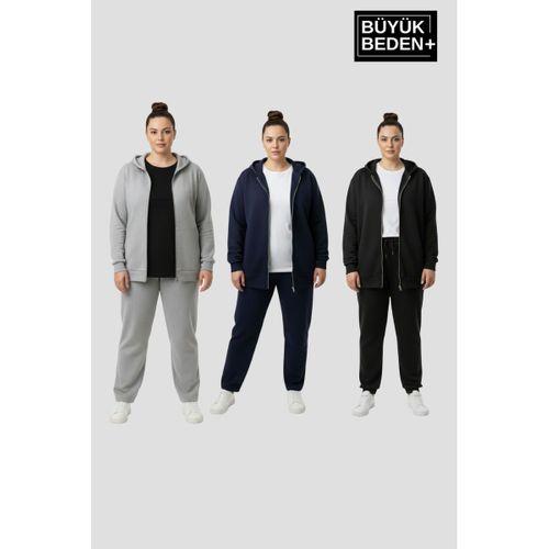 Erkek Büyük Beden Fermuarlı Kapüşonlu 3  lü Set ince Sweatshirt Hırka - Rahat Kalıp SPR26BHRK960+3