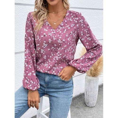 Kadın Uzun Kollu V Yakalı çiçek Desenli Modal Bluz