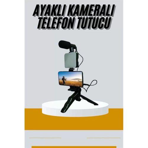 Tripod Telefon Tutucu Kumandalı Mikrofon Led Işık Vlog Video Kayıt