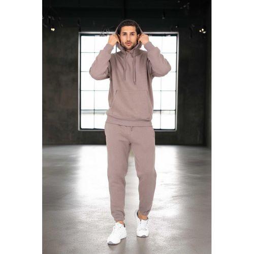 Şardonlu Kanguru Cepli Sweatshirt - 3 İplik Şardonlu Lastik Paça Erkek Eşofman Altı- Eşofman Takımı - Vizon