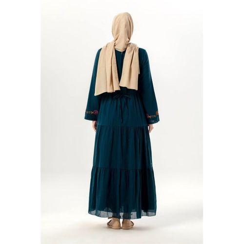 Uzun Kol Zeynep Bisiklet Yaka Nakışlı Uzun Vual Elbise Petrol Ptrl