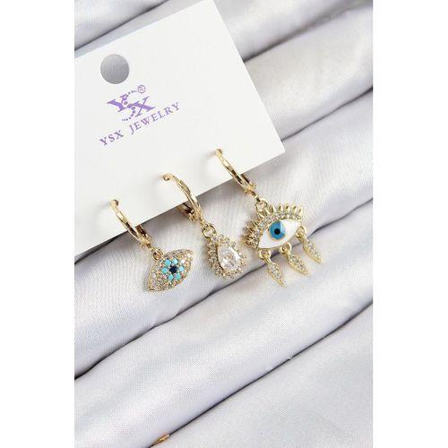 Pirinç Zirkon Taşlı 3'lü Fatma'nın Gözü Model Gold Renk Kadın Küpe