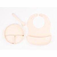 Krem Rengi 3’lü Silikon Yemek Seti – Önlük + Diş Kaşıyıcılı Kaşık + Vakumlu Tabak