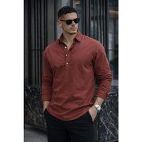 Yarım Pat Yakalı York Pamuk Kumaşlı Uzun Kollu Erkek Gömlek - Koyu Kahve