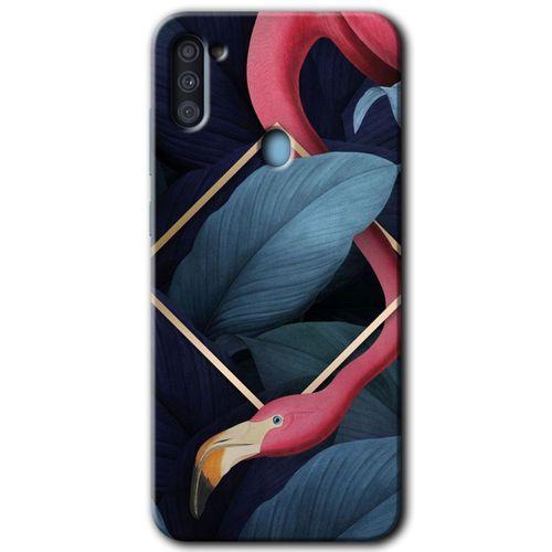 MRCİLETİSİM Samsung Galaxy A11 Kılıf Baskılı Kapak - Flamingo Yaprak + 5D Tam Kaplayan Cam