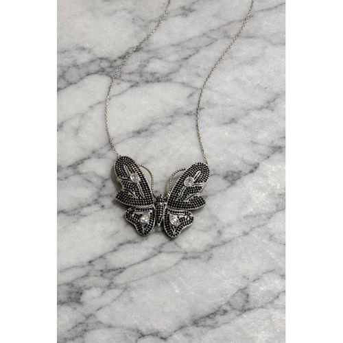 925 Ayar Oniks Taşlı Kelebek Uzun Kadın Gümüş Kolye 80 cm