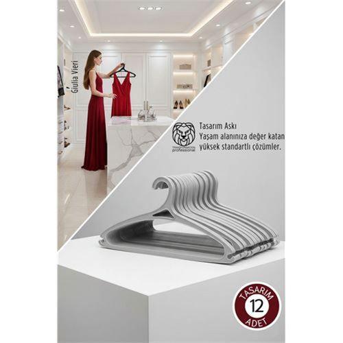 Giulia Vieri Selection: 12'li Premium İtalyan Tasarım İnce Siluet Kaymaz Elbise Askısı Seti GRİ