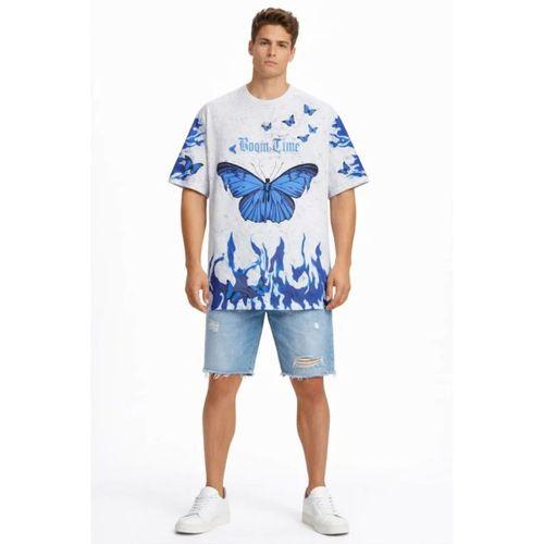 Erkek Asit Yıkamalı Oversize Tişört Mavi Kelebek Baskılı Dijital Print Bisiklet Yaka Streetwear T-Shirt - Beyaz