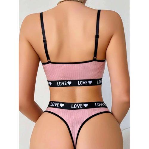 Kadın Pembe Love Yazılı Mayo Bikini Şık Esnek Kumaş Plaj Giyim Özel Tasarım
