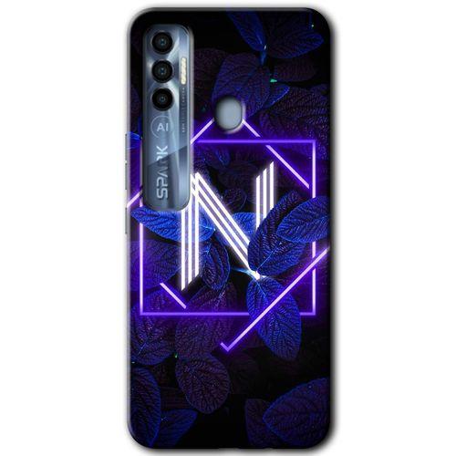 Tecno Spark 7 Pro Kılıf HD Desen Baskılı Arka Kapak+Temperli Cam - Dark Neon Yaprak N Harfi